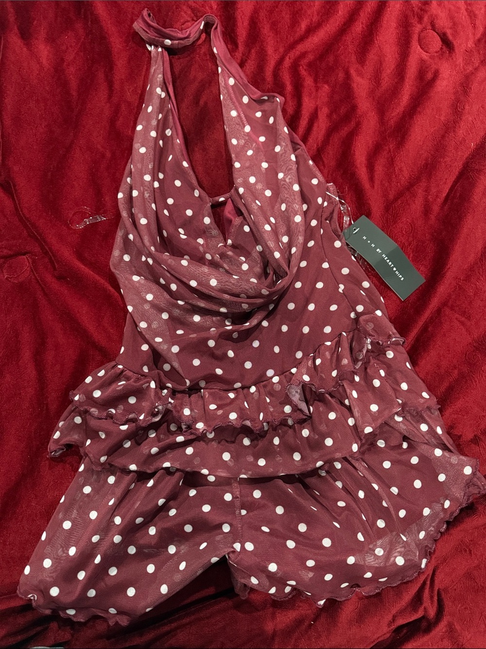 Polka Dot Halter Romper - Burgundy